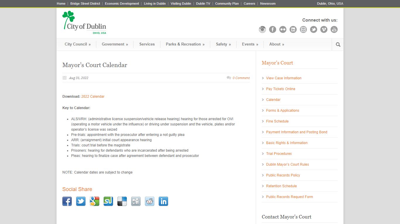 Dublin, Ohio, USA » Mayor’s Court Calendar
